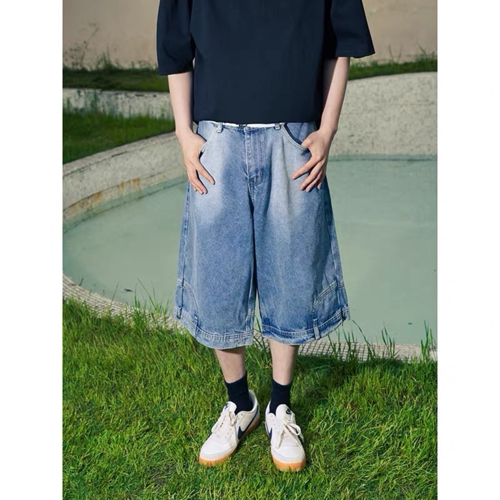Men’s Wide Leg Baggy Denim Shorts Y2K Streetwear Vintage Washed Jean Bermuda 31